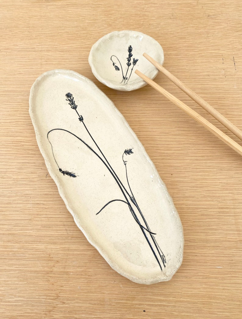 Sushi tray set with dipping bowl and chop sticks with lavender imprint for the farmhouse kitchen image 7