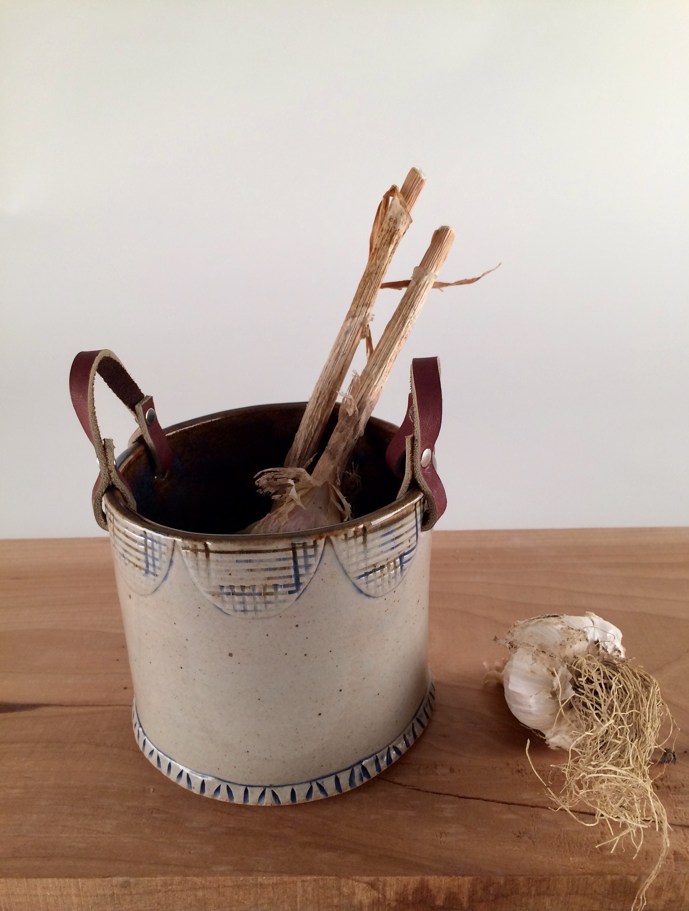 Ceramic Basket with Leather Handles