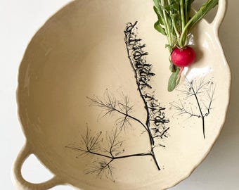 Large ceramic serving bowl with handles, Bleeding Heart imprint, Farmhouse Handmade Pottery