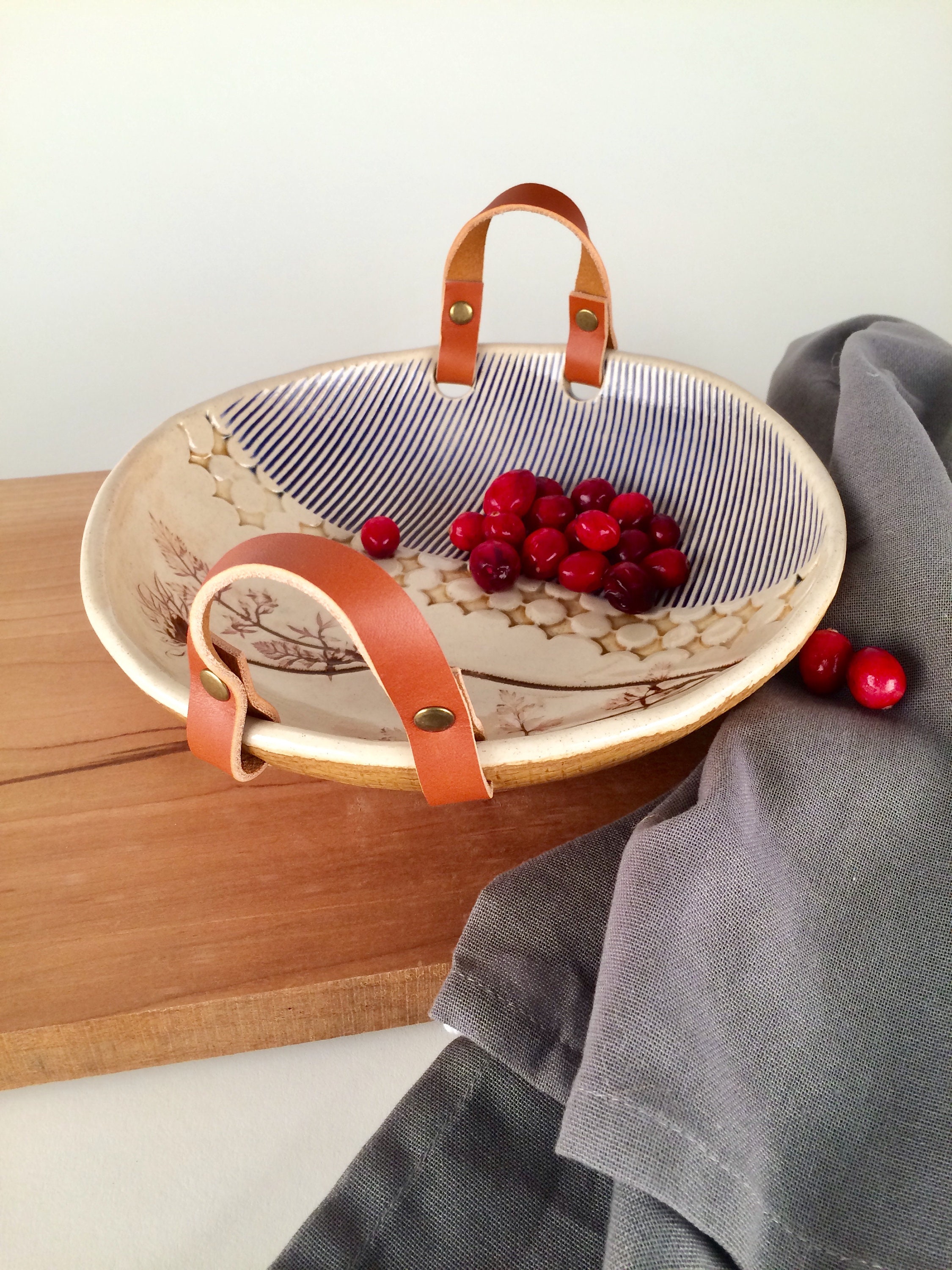 Serving Bowl with leather handles