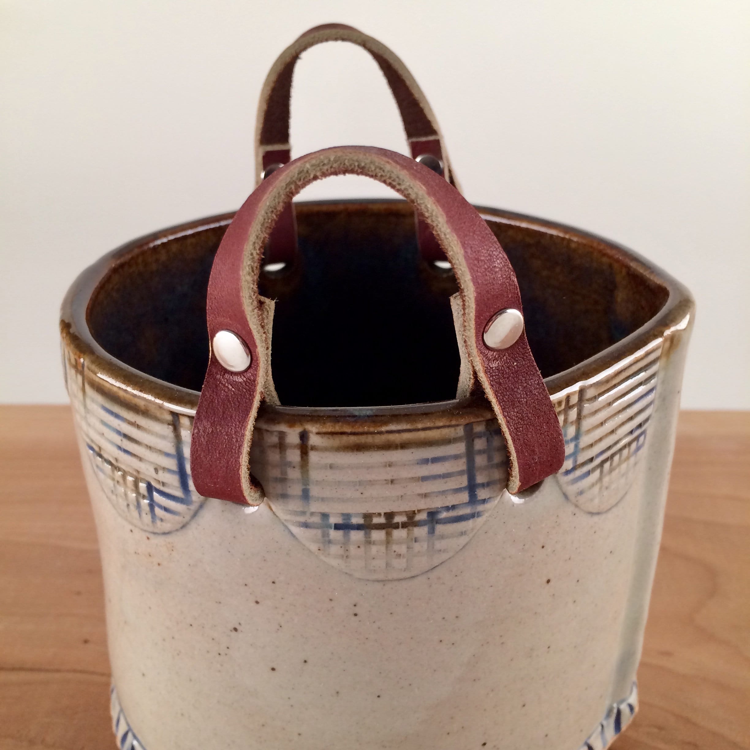Ceramic Basket with Leather Handles