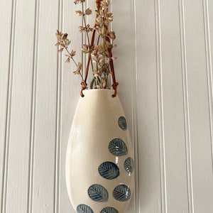 White Decorative Wall Hanging Flower Vase, Minimalist Ceramic and Leather Hanging Flower Sconce Decor image 6