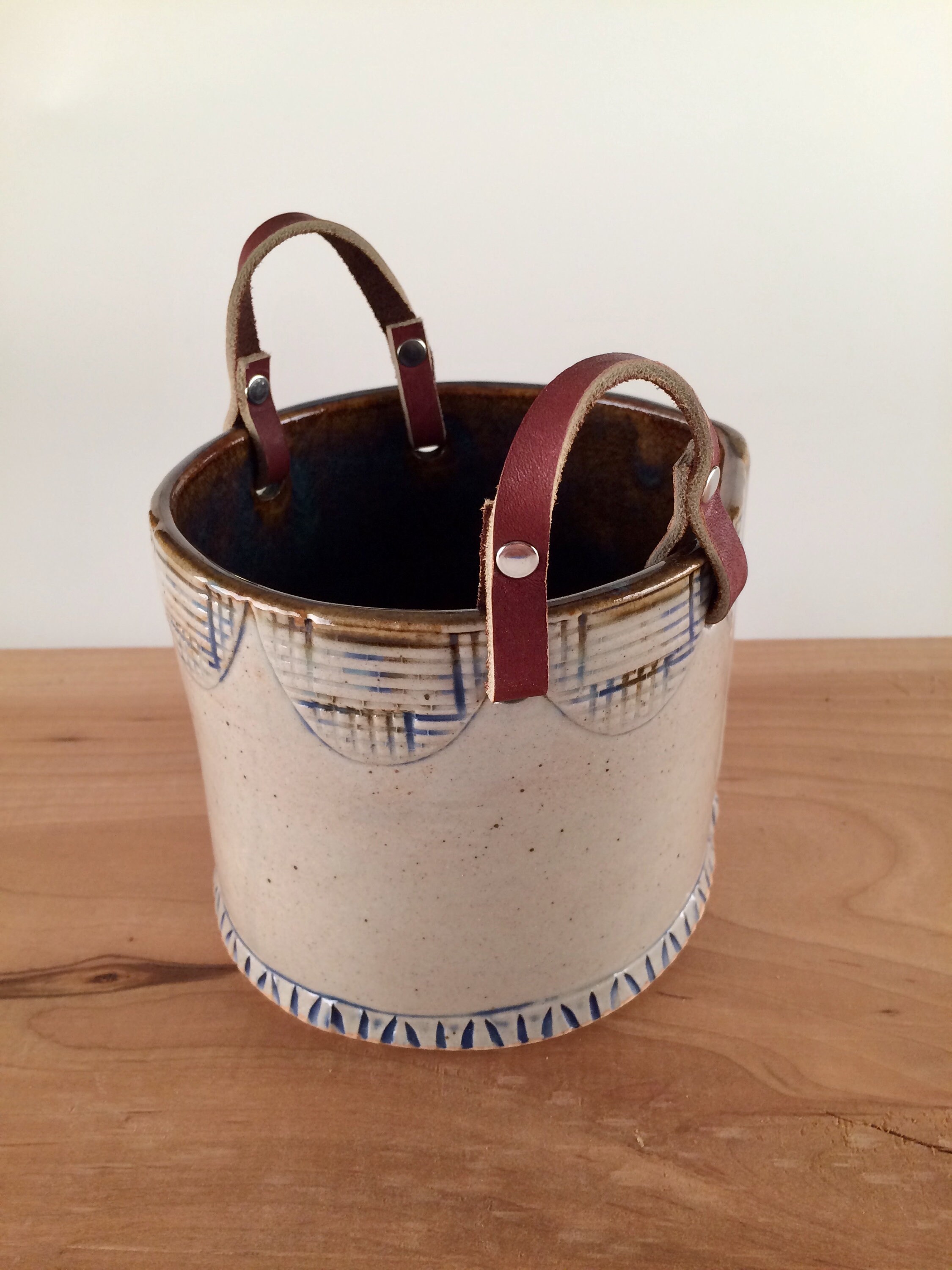 Ceramic Basket with Leather Handles
