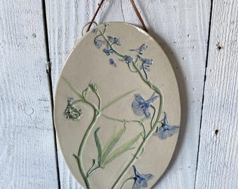 Large botanical ceramic wall hanging with delphinium imprint, a rustic pottery wall hanging for farmhouse decor