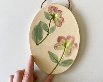 Hand-Painted Hellebores Botanical Ceramic Wall Hanging, Rustic Farmhouse Pottery Art