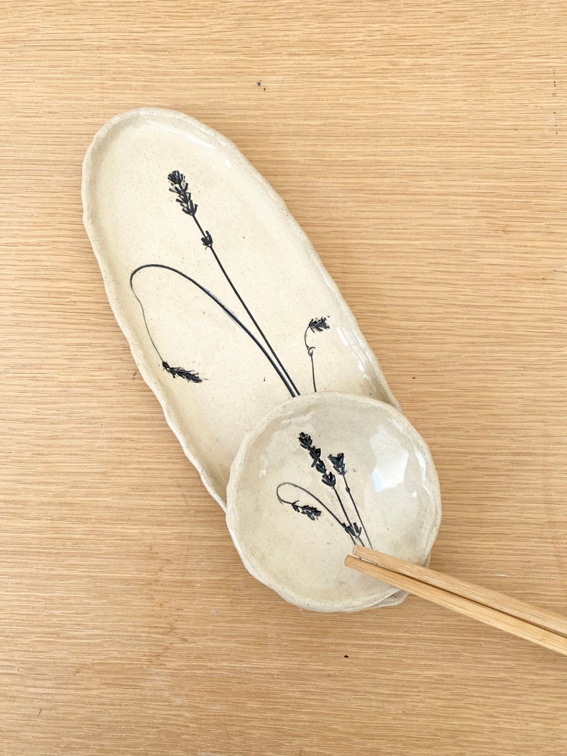 Sushi tray set with dipping bowl and chop sticks with lavender imprint for the farmhouse kitchen image 4