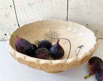 High footed ceramic fruit bowl with Queen Anne's Lace imprint for the farmhouse kitchen, white handmade rustic salad or serving bowl