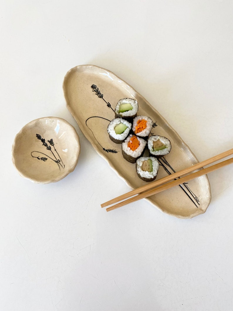 Sushi tray set with dipping bowl and chop sticks with lavender imprint for the farmhouse kitchen image 1