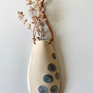 White Decorative Wall Hanging Flower Vase, Minimalist Ceramic and Leather Hanging Flower Sconce Decor image 3