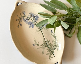 Small ceramic tray or dish with blue delphinium imprint for the farmhouse style home