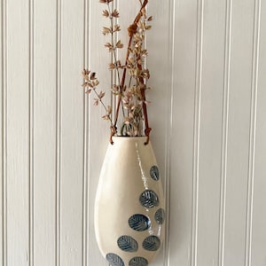 White Decorative Wall Hanging Flower Vase, Minimalist Ceramic and Leather Hanging Flower Sconce Decor image 5