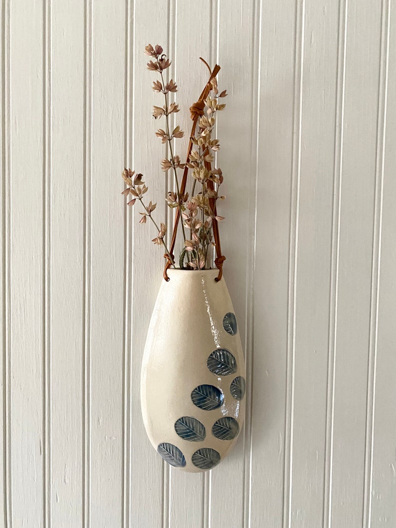 White Decorative Wall Hanging Flower Vase, Minimalist Ceramic and Leather Hanging Flower Sconce Decor image 5