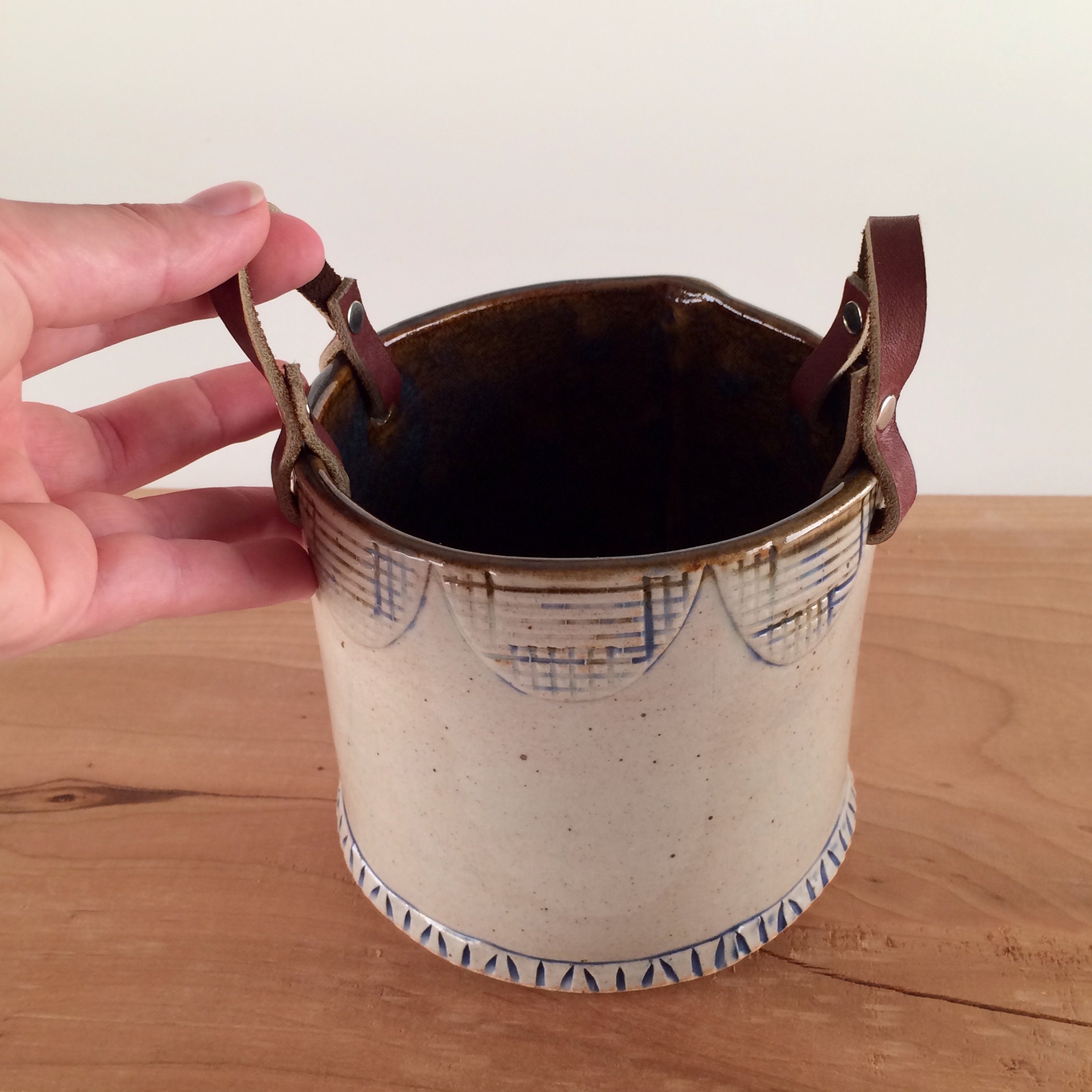 Ceramic Basket with Leather Handles