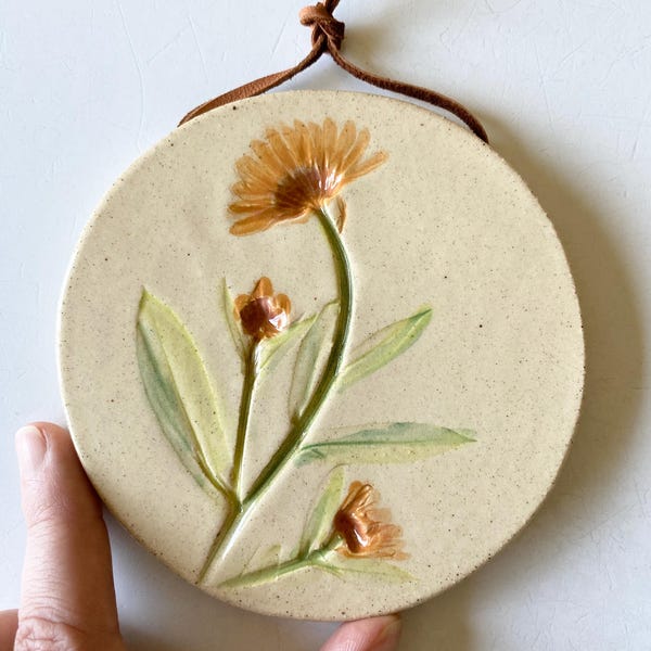 Botanical ceramic wall hanging with hand painted Calendula imprint: Rustic Farmhouse Pottery