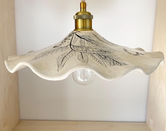 Handmade ceramic pendant light with fern imprint, a 13 1/2" farmhouse style lighting