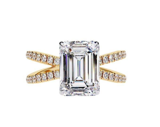 Emerald Cut Moissanite Engagement Ring: 14K Yellow Gold Criss Cross Band