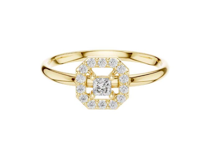 Modern  Geometric Halo Ring Princess Cut Center Stone with Pave Cubic Zirconia Accents Elegant Minimalist Engagement Ring