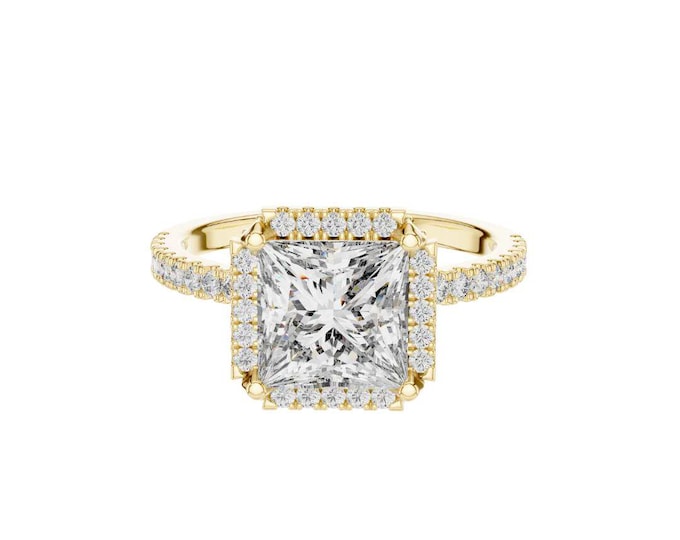 Sparkling Princess Cut Halo Engagement Ring with Pave Diamond Band in Yellow Gold Elegant Moissanite Statement Bridal Jewelry