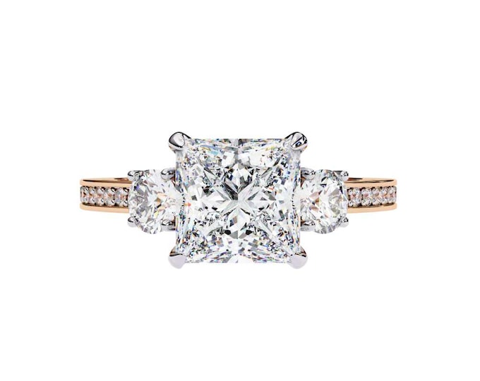 Three Stone Sparkling Bridal Jewelry Princess Cut Moissanite Engagement Ring with Side Stones on Yellow Gold Diamond Band Elegant Gift