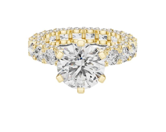 Round Cut Solitaire Engagement Ring with Diamond Eternity Band 6 Prong Setting in 18K Yellow Gold Luxury Anniversary Bridal Statement Ring