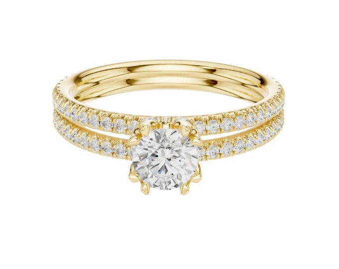 Classic Gold Bridal Set with Round Moissanite Diamond Ring and Matching Pave Diamond Wedding Band Elegant and Sparkling Bridal Jewelry Set
