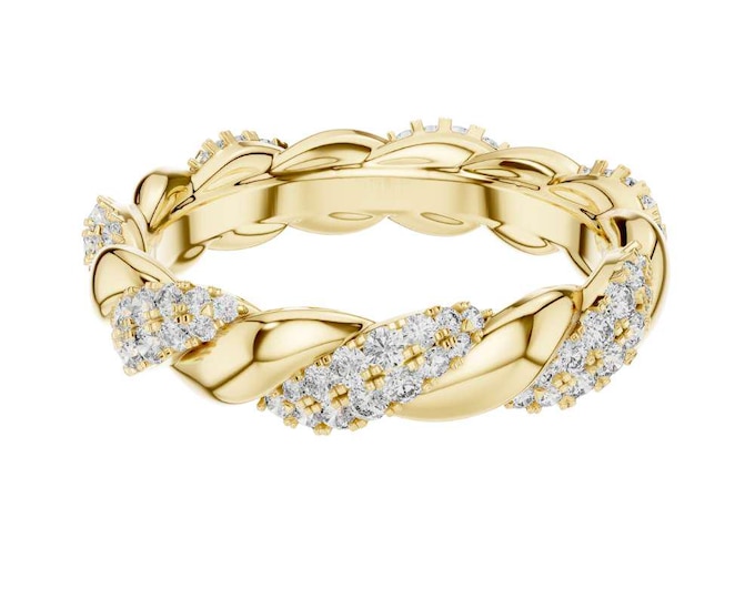Unique Braided Diamond Ring for Women 14K Gold Plated Cuban Chain Eternity Band Dainty Sparkly Stackable Wedding or Anniversary Gift Jewelry