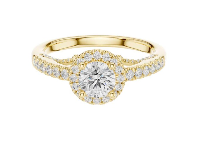 Round Cut Moissanite Halo Engagement Ring in Gold Rose Gold Silver Classic Solitaire with Diamond Accent Band Elegant Bridal Jewelry Gift