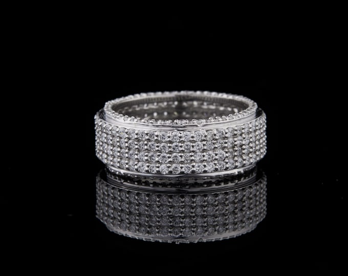 Timeless Wide Eternity Band Ring Sterling Silver with Multi-Row Pavé Setting Sparkling Full Eternity Ring Luxury Wedding Band for Him or Her