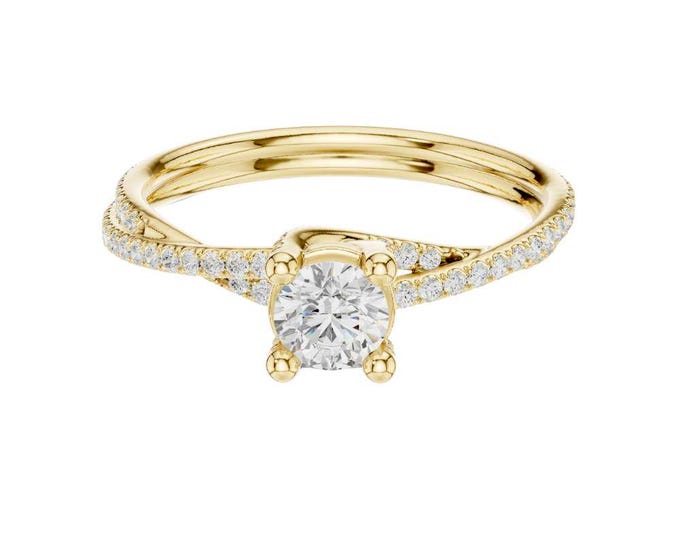 Fantastic Gold Moissanite Diamond Ring Petite Twisted Band with Round Brilliant Center Stone Dainty Pave Solitaire Bridalset Ring Jewelry