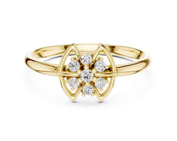0.075 CT Geometric Floral Diamond Cluster Ring Unique Petal Inspired Promise Ring Elegant Modern Engagement Ring Dainty Gold Floral Band