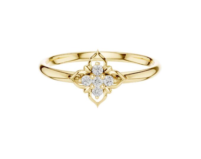 Delicate Gold Ring with Moissanite Diamond Cluster in Round Cut Floral Motif with Intricate Detailing Dainty Ring Fine Jewelry for Women
