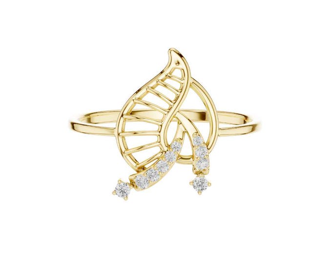 Elegance in Round Cut Moissanite Diamond Leaf Ring with Diamond Accents and Delicate Swirl Detailing For Anniversary Ring For Beautiful Girl