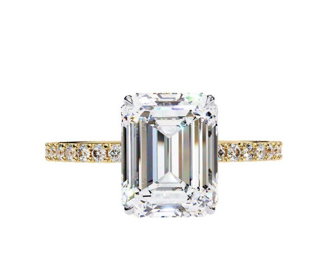 Unique Emerald Cut Moissanite Engagement Ring with Diamond Band Pave Band Wedding Ring Classic Modern Bridal Jewelry Custom Handmade Ring