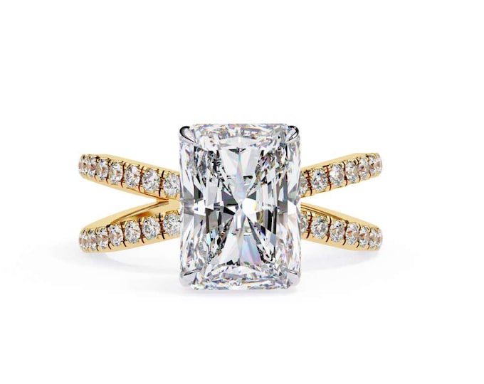 Radiant Cut Moissanite Engagement Ring 14K Yellow Gold Criss Cross Pavé Double Ban Dainty Statement Solitaire Ring Handmade Ring for Her