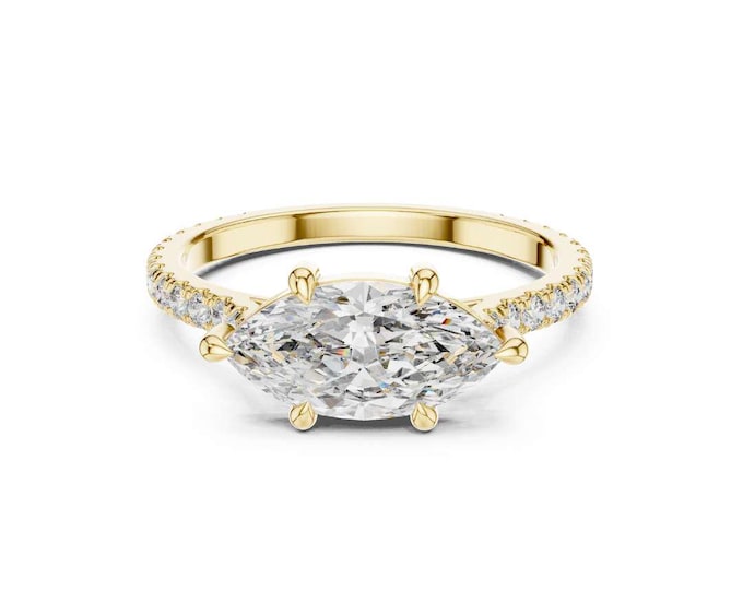Bright Marquise Cut Moissanite Engagement Ring in Gold with Diamond Pave Band Elegant Solitaire Bridal Luxury Wedding Ring Gift for Her