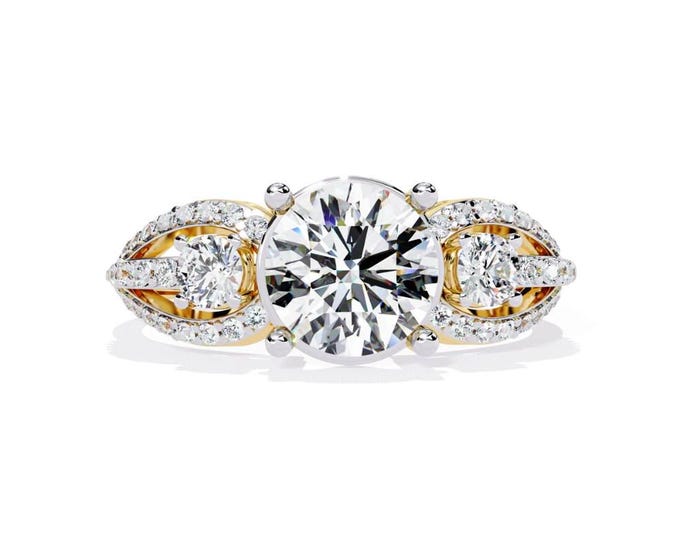 Three Stone Diamond Wedding Ring Round Brilliant Cut Center with Halo Accents in Yellow Gold Elegant Heirloom Style Bridal Jewelry Gift