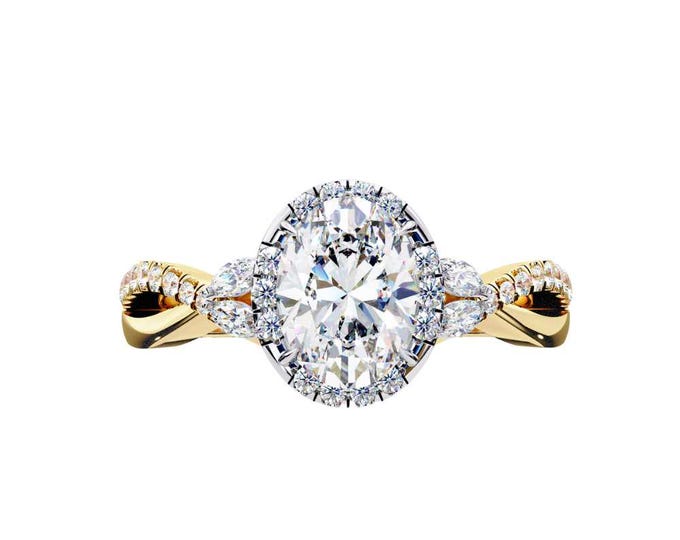 Oval Cut Halo 1.00 TCW Moissanite Wedding Ring Twisted Gold Band Dainty Diamond Accent Bridal Ring Luxury Anniversary Jewelry Gift for Her