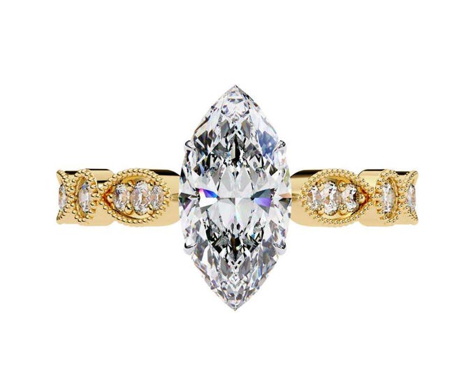 Marquise Cut Moissanite Engagement Ring 14K Yellow Gold Vintage Inspired Band Antique Style Solitaire Ring Handmade Unique Ring for Her