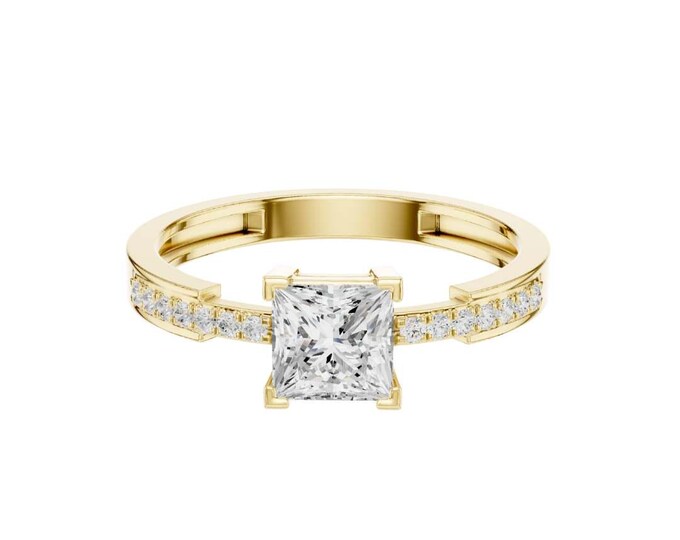 Unique Princess Cut Moissanite Engagement Ring in Gold with Pave Band Elegant Bridal or Promise Ring Custom Made for Her