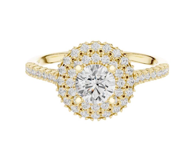 Luxurious Yellow Gold Double Halo Moissanite Ring Round Cut Diamond Pave Band Vintage Style Bridal Ring Elegant Anniversary or Proposal Gift