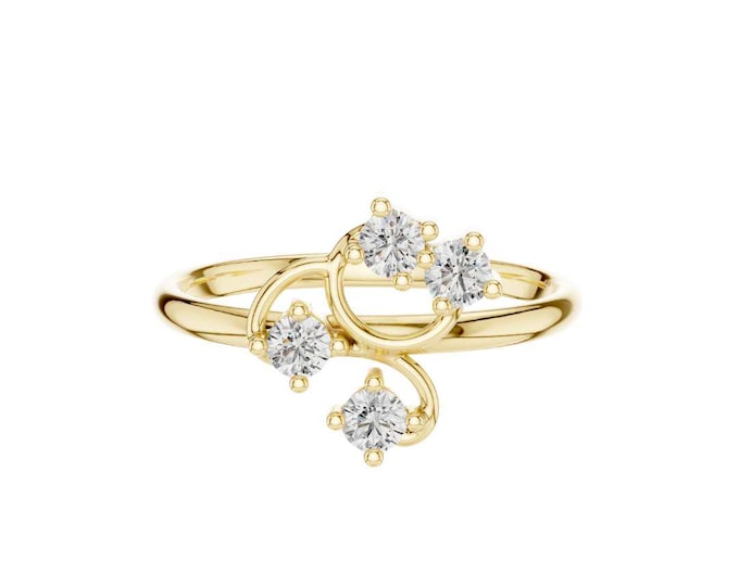 Floral Diamond Ring Nature Inspired Wedding Ring Dainty Gold Ring with Four Diamonds Unique Bypass Ring Delicate Minimalist Ring