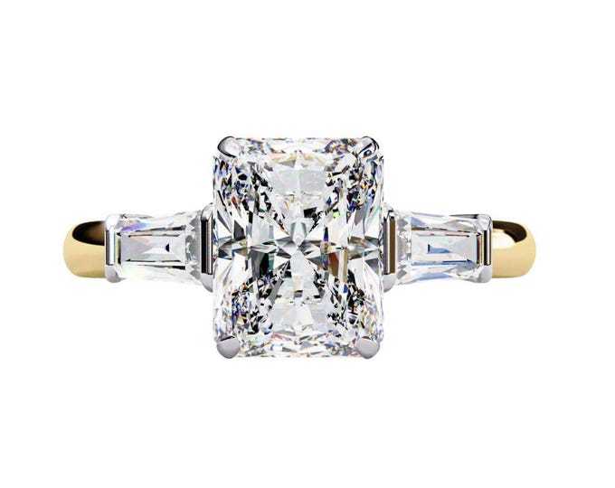 3.13 TCW Radiant Cut Diamond Ring with Baguette side Stones Elegant Two Tone Handmade Bridal Ring Modern Vintage style Custom Fine Jewelry