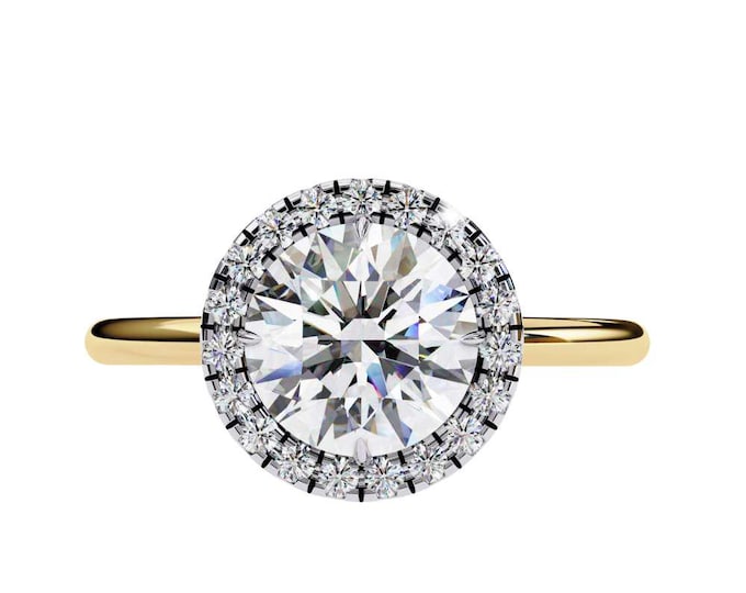 1.68 TCW Round Moissanite Halo Ring in Gold, Silver, Rose Gold Elegant Solitaire with Diamond Halo Minimalist Ring Custom Bridal Jewelry