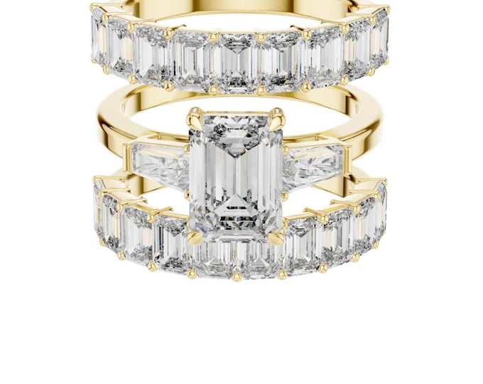 6.24 CT Emerald Cut Diamond Engagement Ring with Double Band Baguette Accents  Statement Bridal Ring Unique Multi-Row Anniversary Jewelry