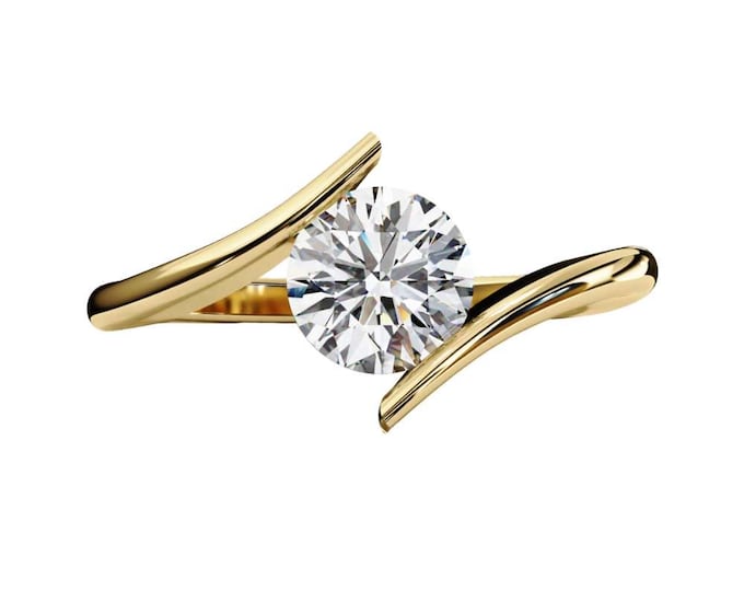 Sculpted Gold Bypass Band with Brilliant Round Moissanite Unique Artistic Twist Gold Ring with Contemporary Solitaire Jewelry Ring for Women