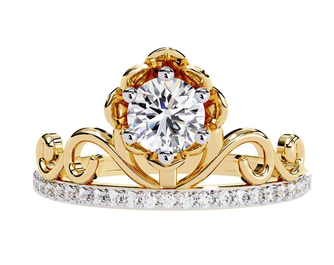 0.56 TCW Vintage Floral Tiara Elegant Ring Round Cut Diamond Crown Ring in Yellow Gold with Scroll Band Unique Bridal Jewelry for Women