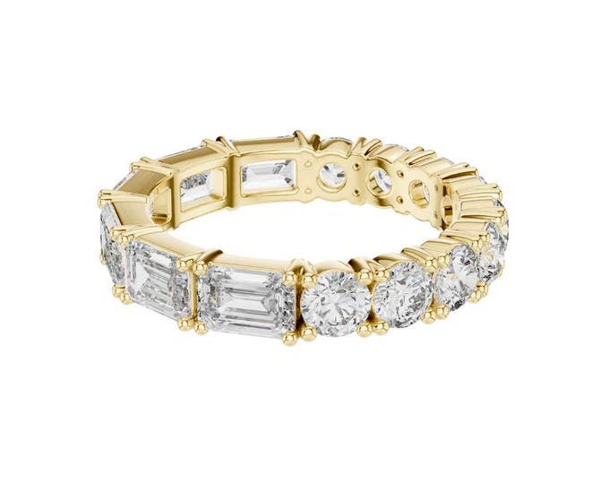 Unique eternity band with alternating emerald and round cut stones yellow gold full eternity ring statement wedding band moissanite