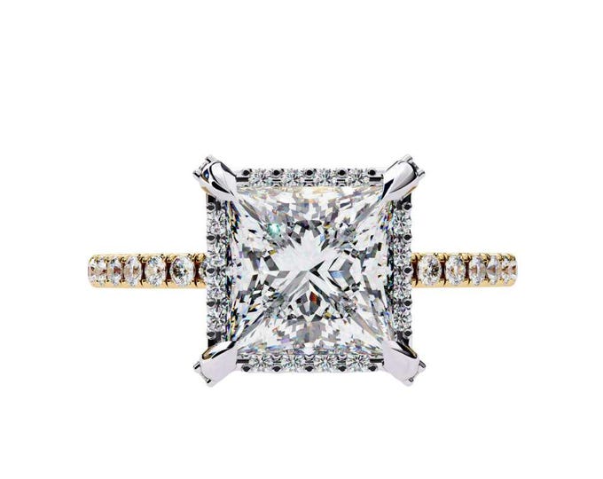 Sparkling Bridal Jewelry Princess Cut Moissanite Engagement Ring with Diamond Band Elegant Square Solitaire Ring in Yellow Gold Surprise