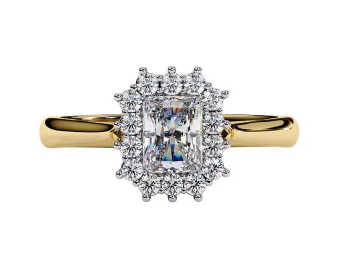 Heirloom Inspired Radiant Cut Moissanite Engagement Ring in Yellow Gold Brilliant Diamond Halo Square Solitaire Timeless Bridal Jewelry Gift