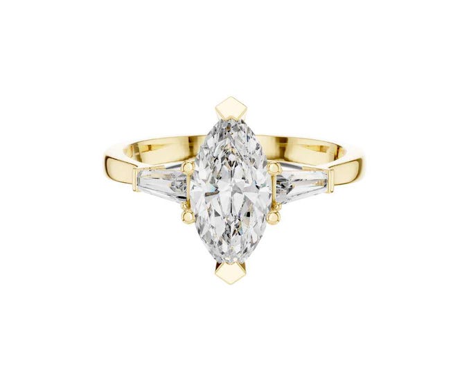 Marquise Cut Moissanite Diamond Engagement Ring 14K Yellow Gold Three Stone Ring with Baguette Side Stones Vintage Inspired Bridal Jewelry